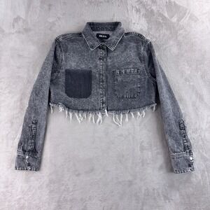 SER.O.YA Jacket‎ Womens Size Small Black Denim Cropped Frayed Hem Shirt